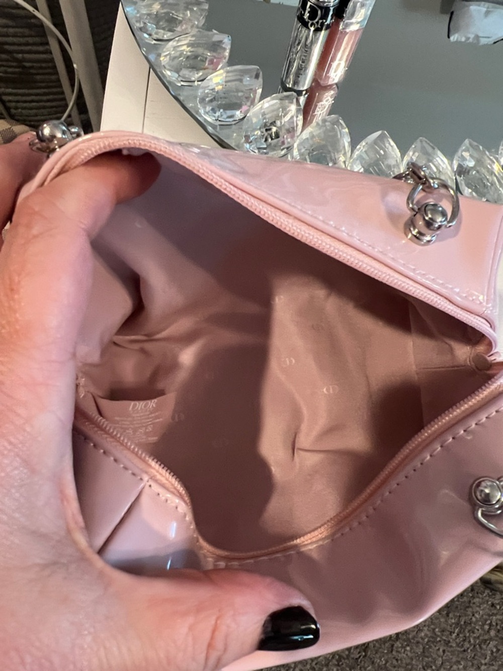 Dior Pink Patent Cosmetic Bag with Silver-Tone Handles- Mini Lip & Mascara - Picture 7 of 8